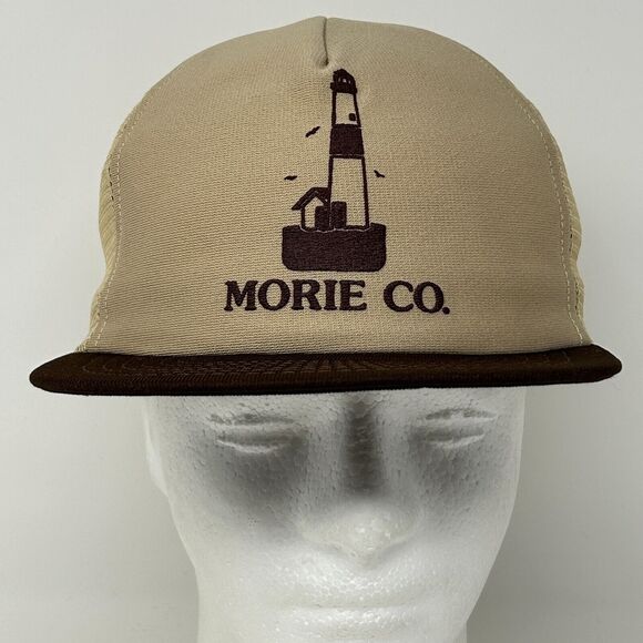 Vintage 80s The Morie Company Trucker Hat Baseball Cap Lighthouse Snapback Beige - Picture 2 of 8